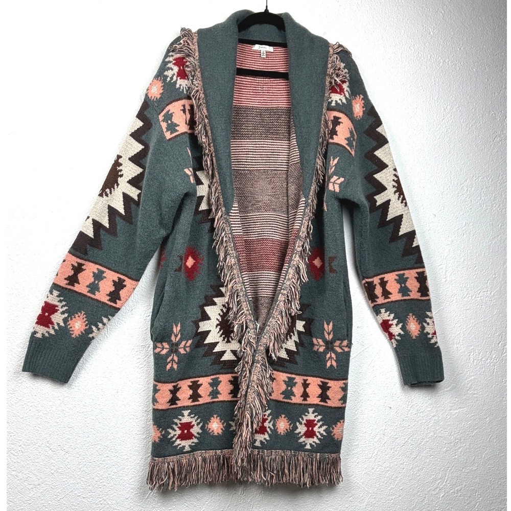 Jodifl Teal Aztec Fringe Longline Cardigan - M - Southwestern Cozy Wrap Rodeo